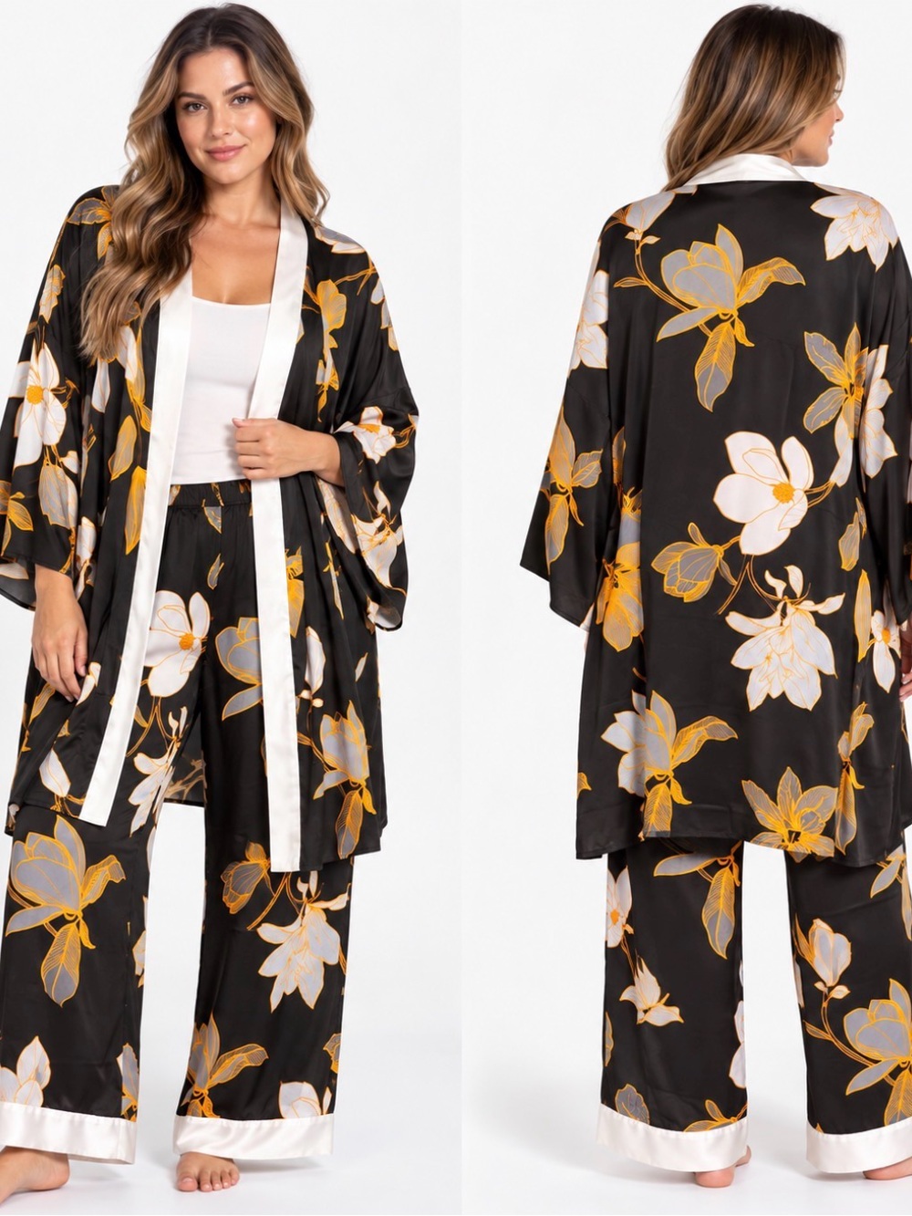 Breezies 3X Floral Satin Kimono Robe & Wide Leg Pants Lounge Set